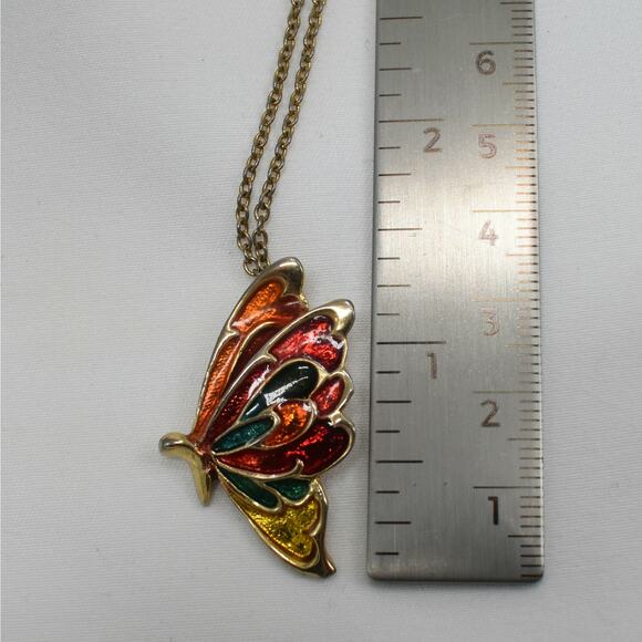 Vintage gold tone chain necklace w/ multicolor butterfly pendant fairy whimsy - Picture 3 of 5